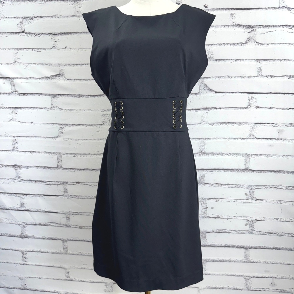 C Cynthia Rowley Black Corset Waist Sheath Cocktail Dress Grommet Detail M